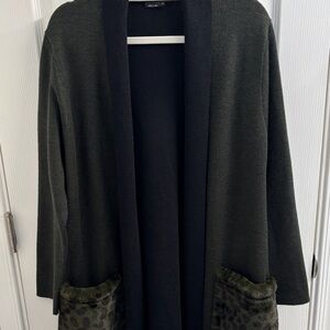 Women's Black/Olive Open Front Sweater with Leopard Pockets by Vertigo- Size L